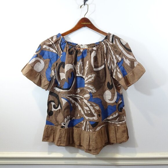 Terzo Millennio 100% Linen Graphic Print Top Size S Brown Blue Boxy Lagenlook - Picture 1 of 7